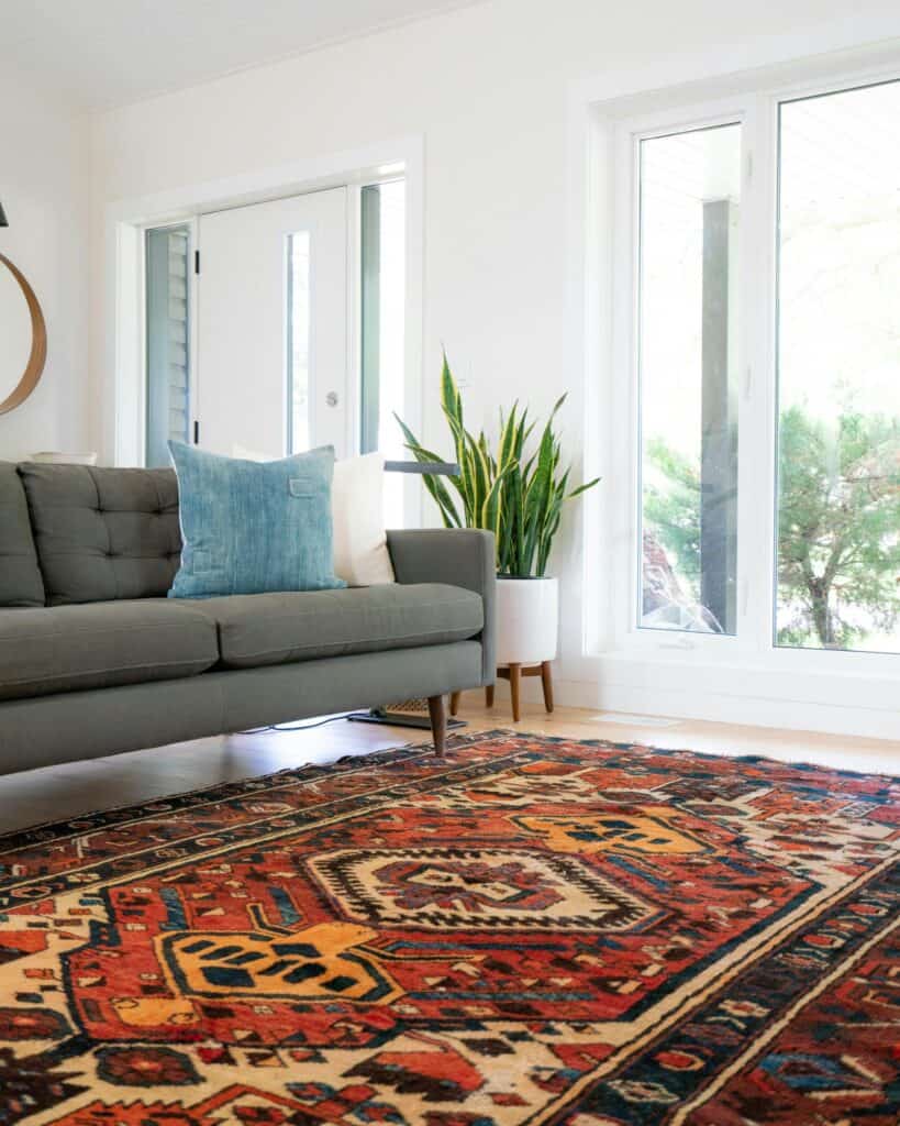 Zero Dry Time A modern living room with a gray sofa, blue cushion, potted plant and large windows